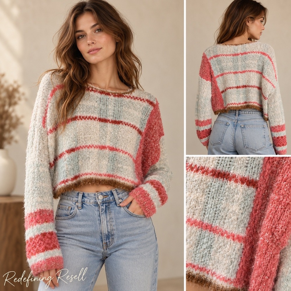 Free People Striped Cropped Sweater Pink Blue Cream Textured Knit Small